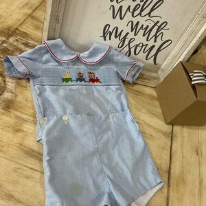 Light Blue Baby Romper with Train Embroidery